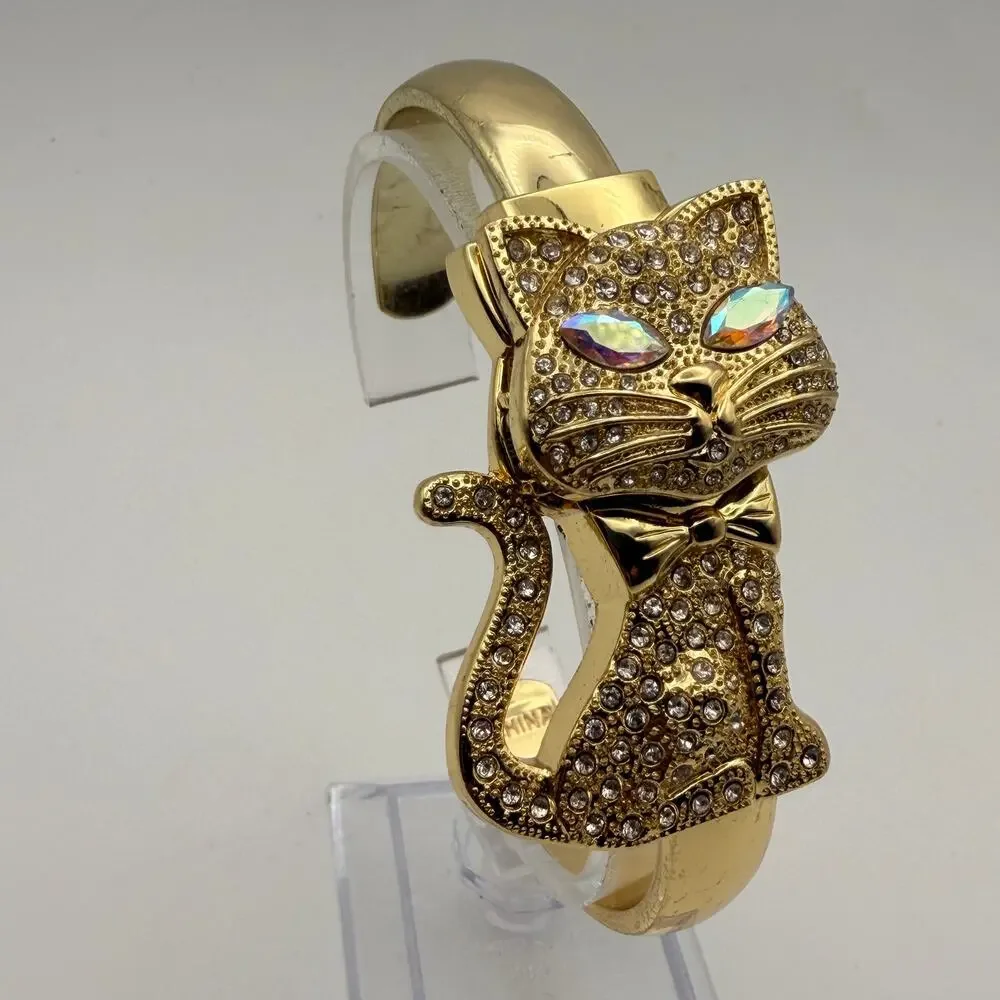Charming Vintage Geneva Rhinestone Cat Bangle Watch Working New Battery